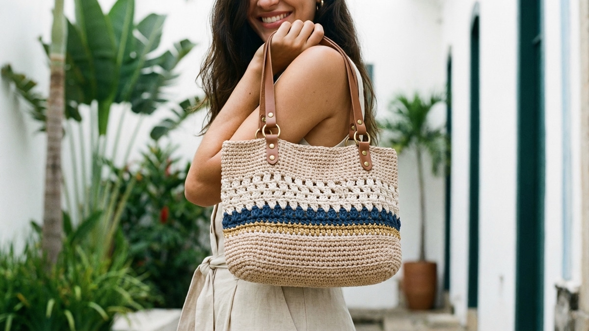 Mulher sorrindo usando bolsa de croche artesanal elegante com detalhes luxuosos em ambiente urbano brasileiro, estilo moderno e refinado