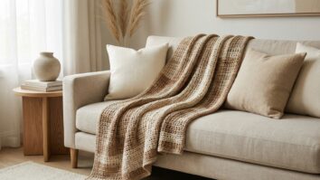 Sala de estar elegante com manta de croche artesanal em cores criativas sobre sofa neutro, almofadas claras e mesa de madeira, ambiente aconchegante