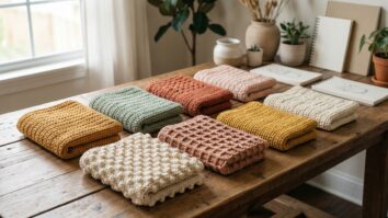 Mesa de trabalho artesanal com variadas amostras de pontos de croche em cores diferentes organizadas sobre madeira nobre, texturas detalhadas e ambiente inspirador