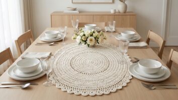 Mesa de jantar elegante com centro de mesa de croche redondo off-white, louca branca, copos de vidro e arranjo floral em ambiente sofisticado