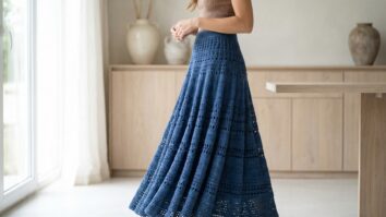 Mulher sorrindo usando saia longa de croche azul com caimento fluido em estudio de moda com luz natural difusa
