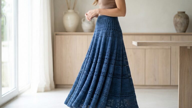 Mulher sorrindo usando saia longa de croche azul com caimento fluido em estudio de moda com luz natural difusa