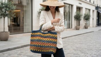 Mulher sorridente em ambiente urbano usando bolsa de croche artesanal colorida em estilo contemporaneo