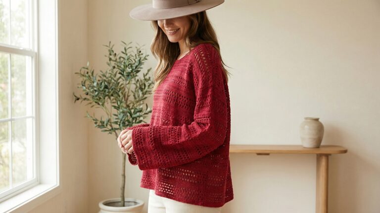 Mulher sorridente usando blusa de croche artesanal vermelho rubi em ambiente moderno elegante