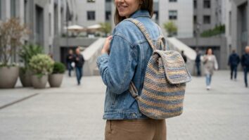 Mulher sorridente em ambiente urbano usando mochila de croche artesanal em cores divertidas e fofas