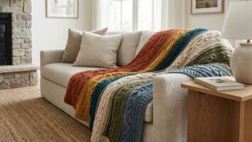 Sala de estar com manta de croche artesanal em cores criativas sobre sofa claro com almofadas neutras