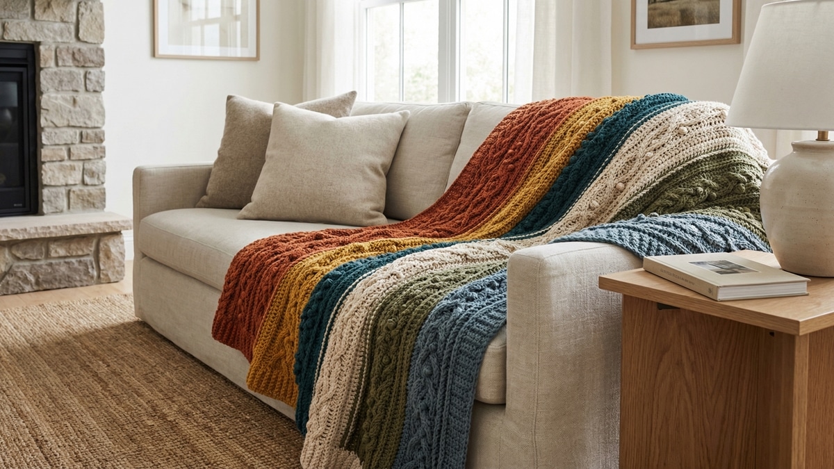 Sala de estar com manta de croche artesanal em cores criativas sobre sofa claro com almofadas neutras