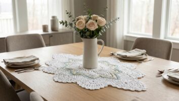 Centro de mesa de croche branco com detalhes elegantes sobre mesa de madeira clara com louca, jarro de ceramica e flores em sala de jantar sofisticada