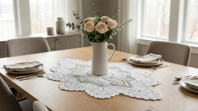 Centro de mesa de croche branco com detalhes elegantes sobre mesa de madeira clara com louca, jarro de ceramica e flores em sala de jantar sofisticada