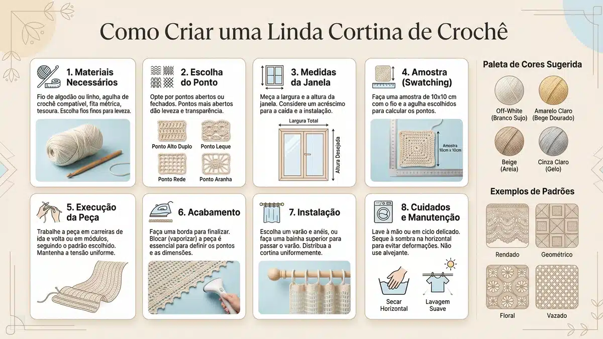 Infografico detalhado em portugues sobre como criar cortina de croche com passo a passo completo, ideias de cores e padroes de design