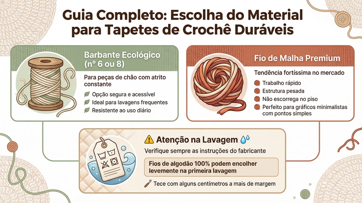 Infografico em portugues sobre escolha de materiais para tapetes de croche duraveis com secoes sobre barbante ecologico e fio de malha premium