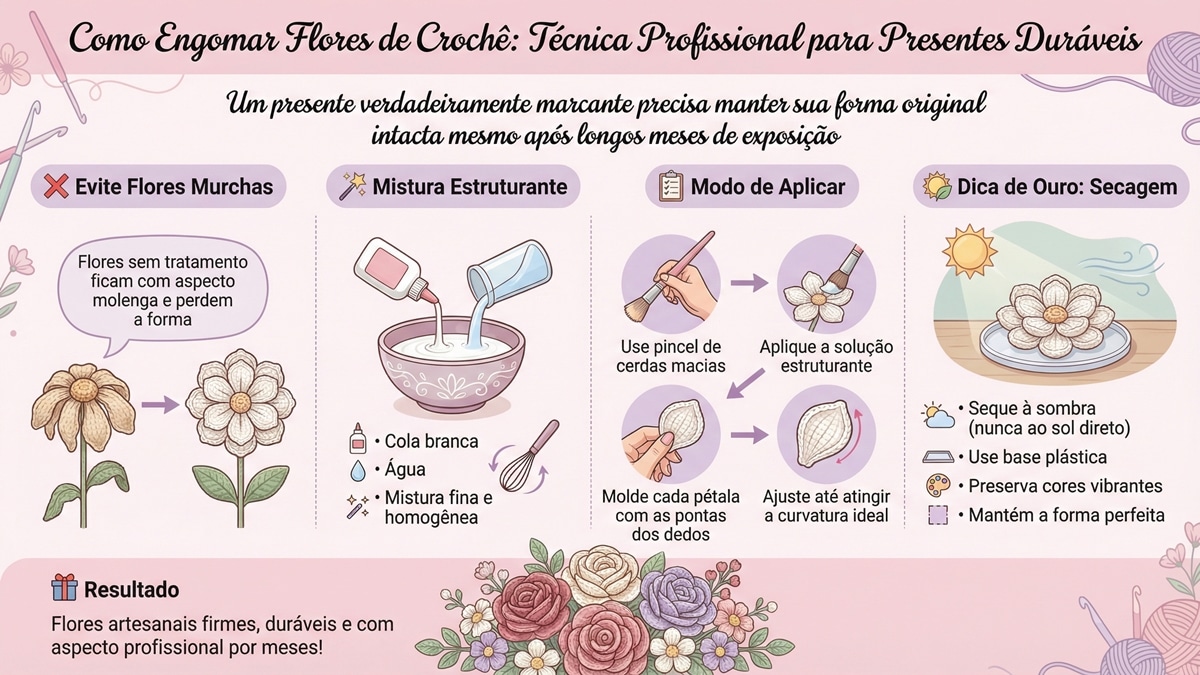 Infografico em portugues sobre tecnica de engomar flores de croche com passo a passo detalhado e dicas de secagem