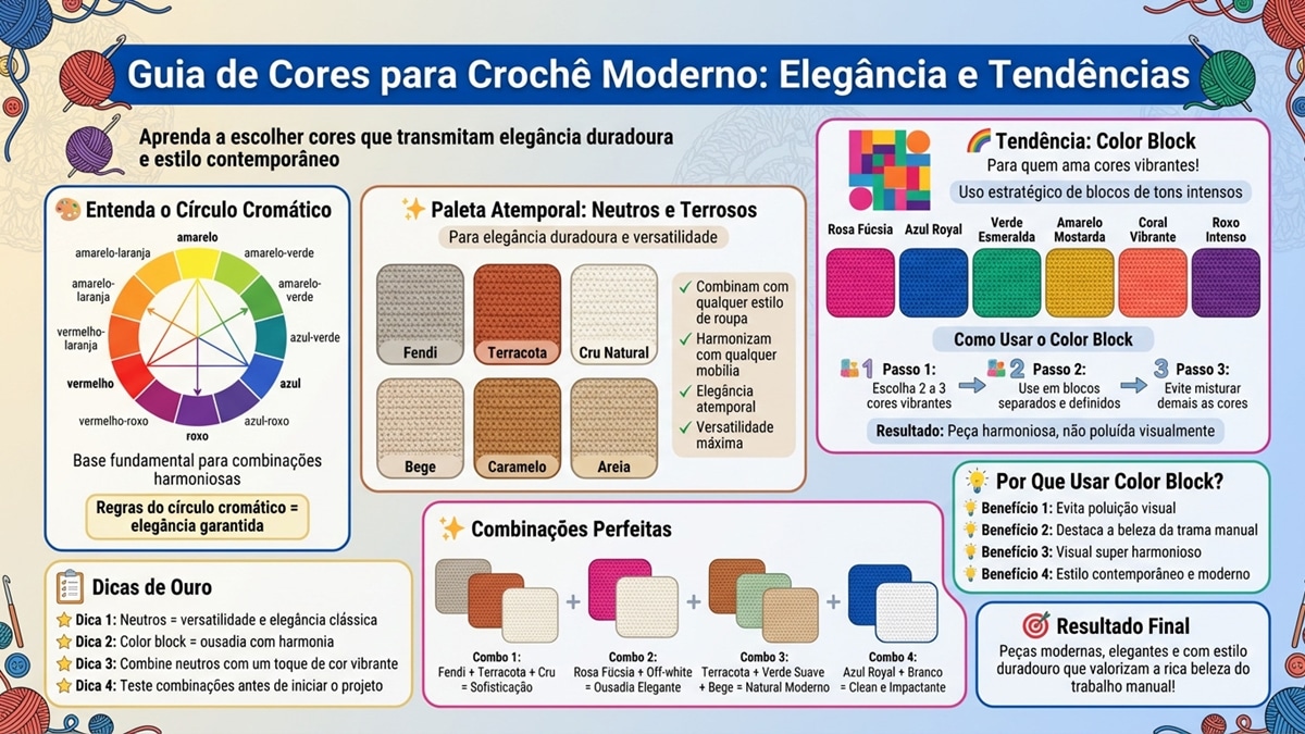 Infografico em portugues sobre guia de cores para croche moderno com circulo cromatico, tons neutros, terrosos e tendencia color block