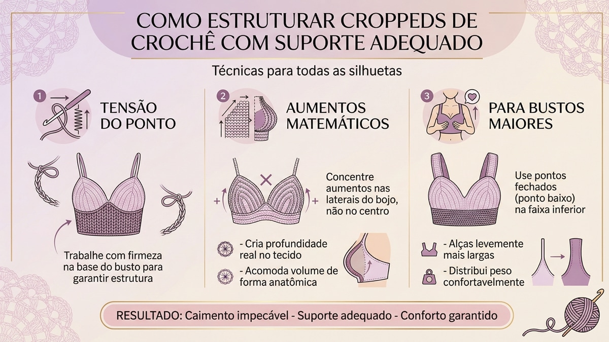 Infografico educativo sobre como estruturar croppeds de croche com suporte adequado, mostrando tecnicas de tensao, aumentos e pontos para diferentes silhuetas