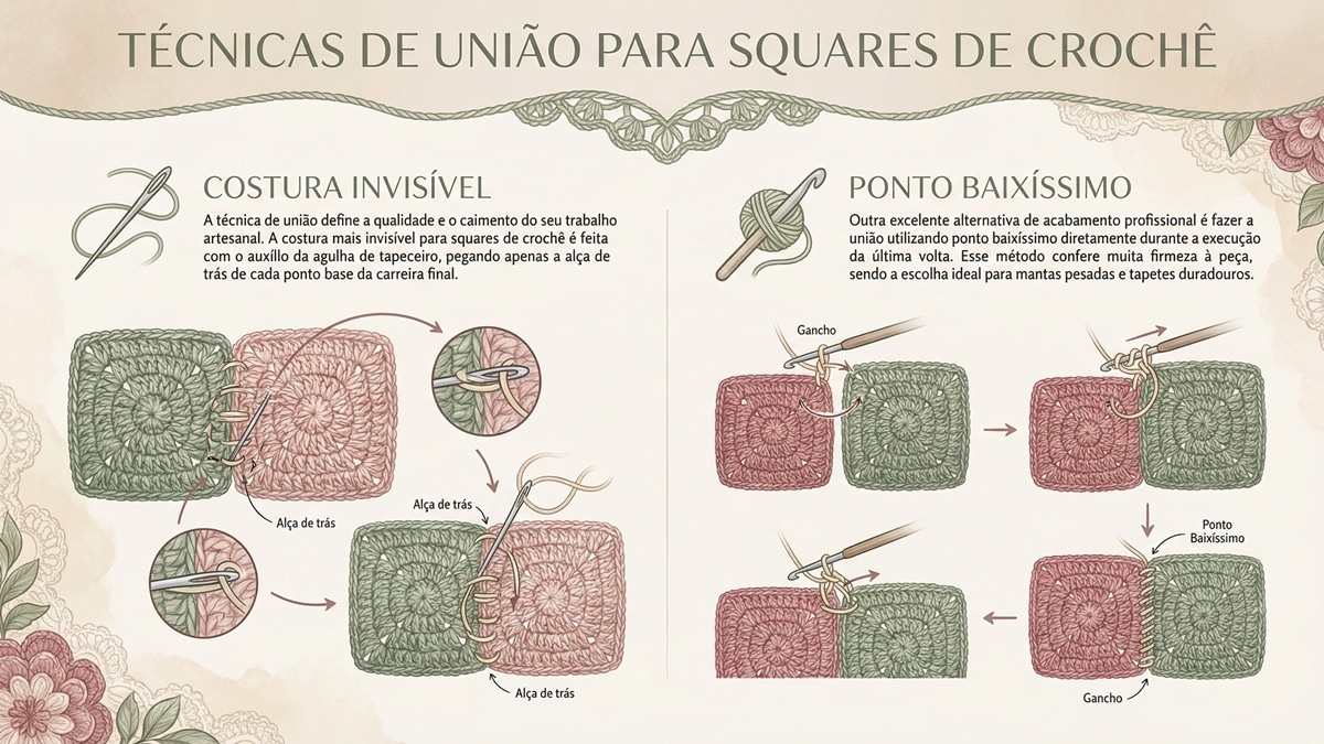 Infografico detalhado sobre tecnicas de uniao para squares de croche com costura invisivel e ponto baixissimo
