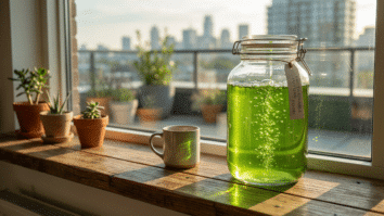 cultivo doméstico de microalgas ricas em proteína em recipiente no parapeito da janela com luz solar