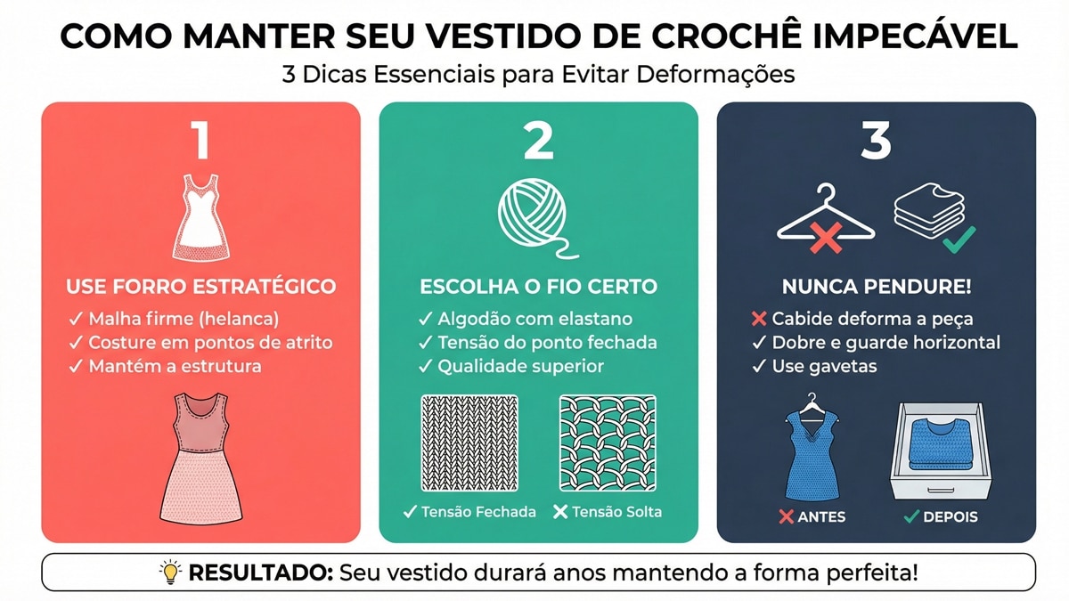 Infografico organizado com 3 dicas essenciais para manter vestido de croche impecavel: forro, fio correto e armazenamento