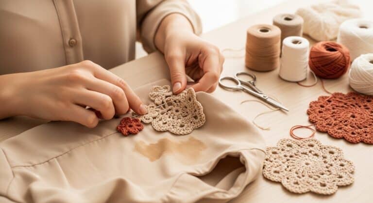 Roupa manchada sendo customizada com aplicação de crochê artesanal