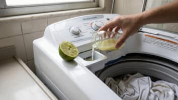 Adicionando suco do limão no dispenser da máquina de lavar roupas