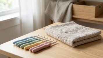 Conjunto de agulhas de croche ergonomicas com cabos coloridos organizadas sobre mesa de madeira clara ao lado de peca de croche bege finalizada em espaco de trabalho artesanal iluminado