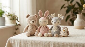 Amigurumis artesanais de croche em tons pasteis e neutros com tecnica japonesa detalhada sobre superficie suave com luz natural