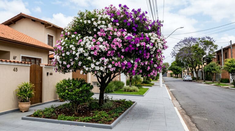Manacá-da-serra florido em calçada com piso sem rachaduras