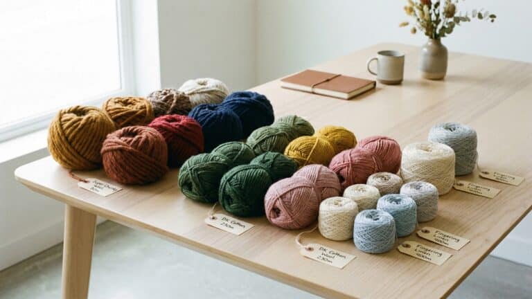 Atelie de croche com novelos de fios organizados por espessura em tons variados sobre mesa de madeira clara
