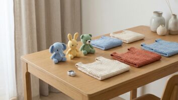 Atelie de croche organizado com amigurumis e blusas finalizadas em cores variadas sobre mesa de madeira clara