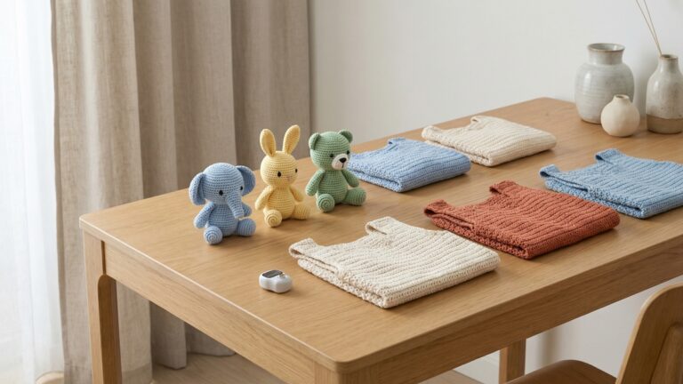 Atelie de croche organizado com amigurumis e blusas finalizadas em cores variadas sobre mesa de madeira clara