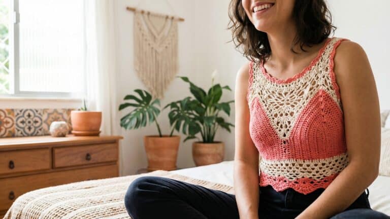 Mulher sorrindo usando blusa de croche artesanal colorida em quarto elegante com decoracao brasileira e luz natural suave