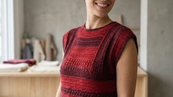 Mulher sorrindo usando blusa de croche artesanal vermelha com detalhes escuros em ambiente urbano brasileiro com decoracao neutra e elegante