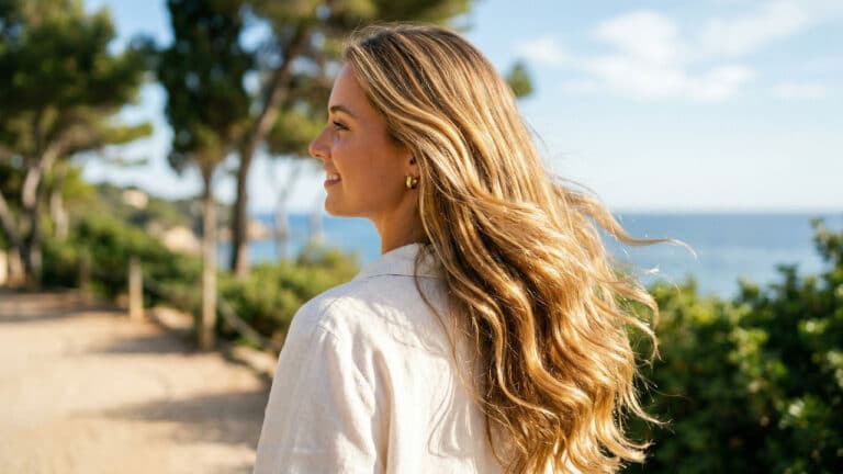 Mulher com cabelo longo solto ao vento