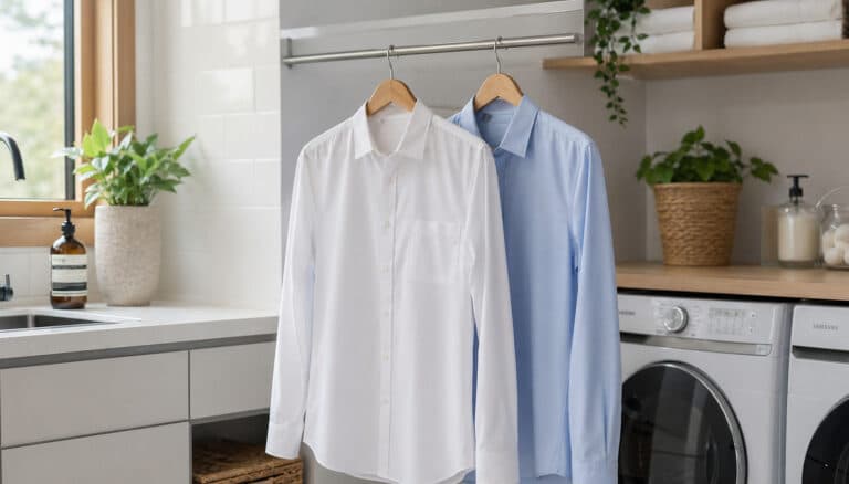 duas camisas limpas penduradas em cabides em uma lavanderia modern