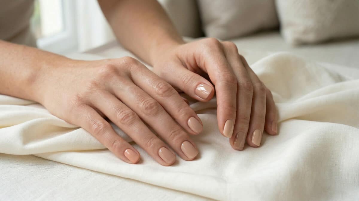 Mãos femininas com unhas na cor nude