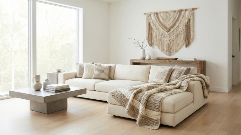 Sala moderna com decoracao sofisticada incluindo manta de croche, almofadas e elementos artesanais em tons neutros com estetica minimalista contemporanea