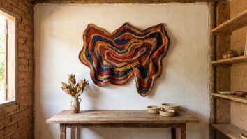Peca de croche freeform artistico em ambiente brasileiro simples, mostrando formas organicas e cores vibrantes sem receita tradicional