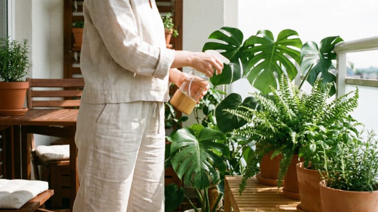 cuidado com plantas em alta resolução, capturando a sensação de proteção e bem-estar enquanto uma pessoa borrifa solução natural em folhas verdes brilhantes