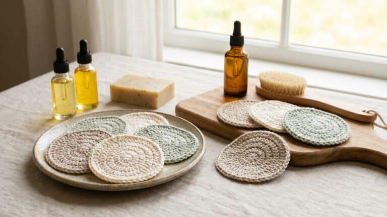 Ecopads de croche reutilizaveis em tons naturais organizados com produtos de skincare sobre superficie neutra