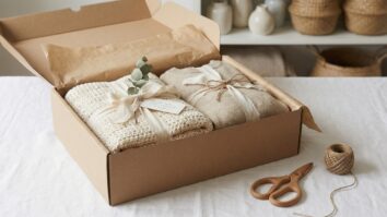 Embalagens elegantes para pecas de croche com papel kraft, fitas e apresentacao artesanal em tons neutros com luz natural