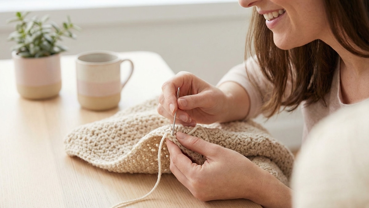 Maos de mulher finalizando peca de croche com agulha de tapeçaria, tecnica de acabamento profissional