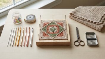 Mesa de trabalho organizada com ferramentas essenciais de croche incluindo agulhas, marcadores e peca finalizada com acabamento profissional
