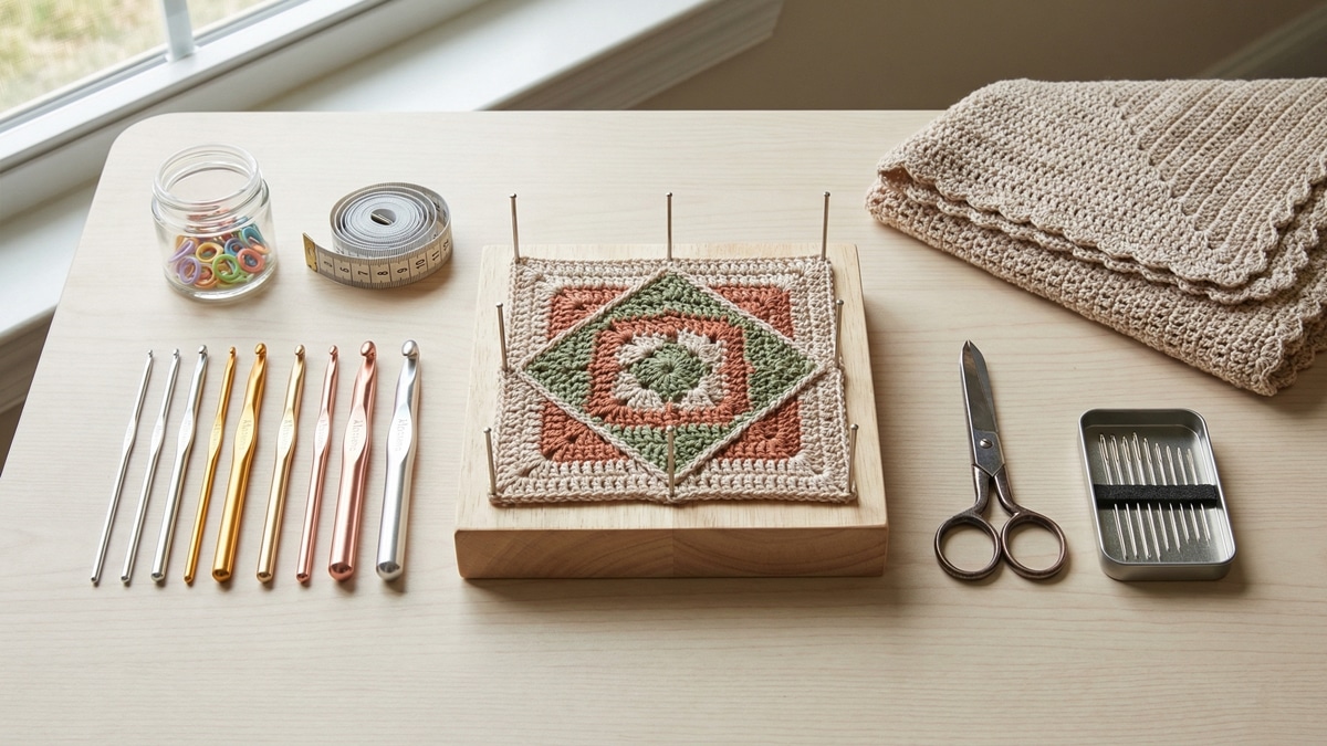 Mesa de trabalho organizada com ferramentas essenciais de croche incluindo agulhas, marcadores e peca finalizada com acabamento profissional