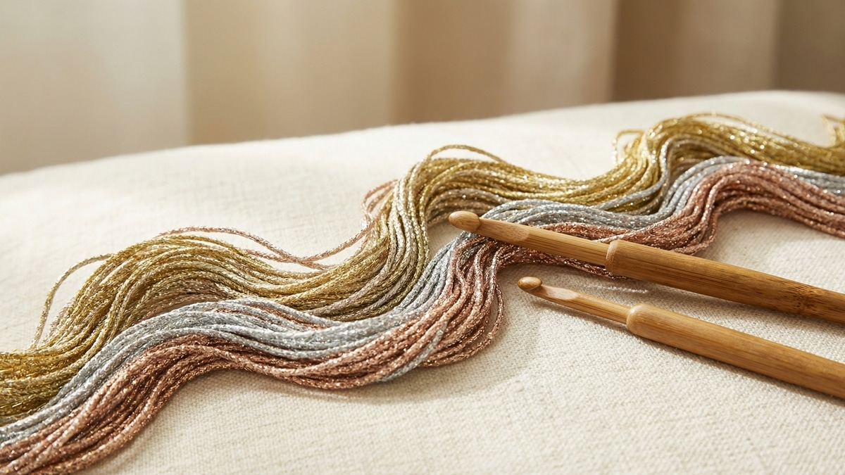 Fios de croche com glitter e metalizados em tons dourado, prateado e rose gold com agulhas de bambu sobre superficie neutra