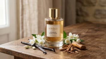 Frasco de perfume com tons de baunilha e amadeirado.
