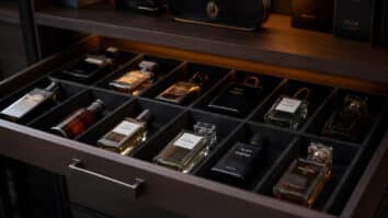 Frascos de perfume elegantes armazenados em gaveta
