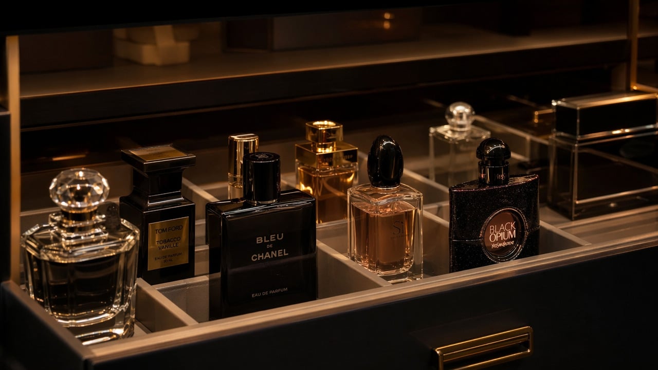 Frascos de perfumes guardados na gaveta