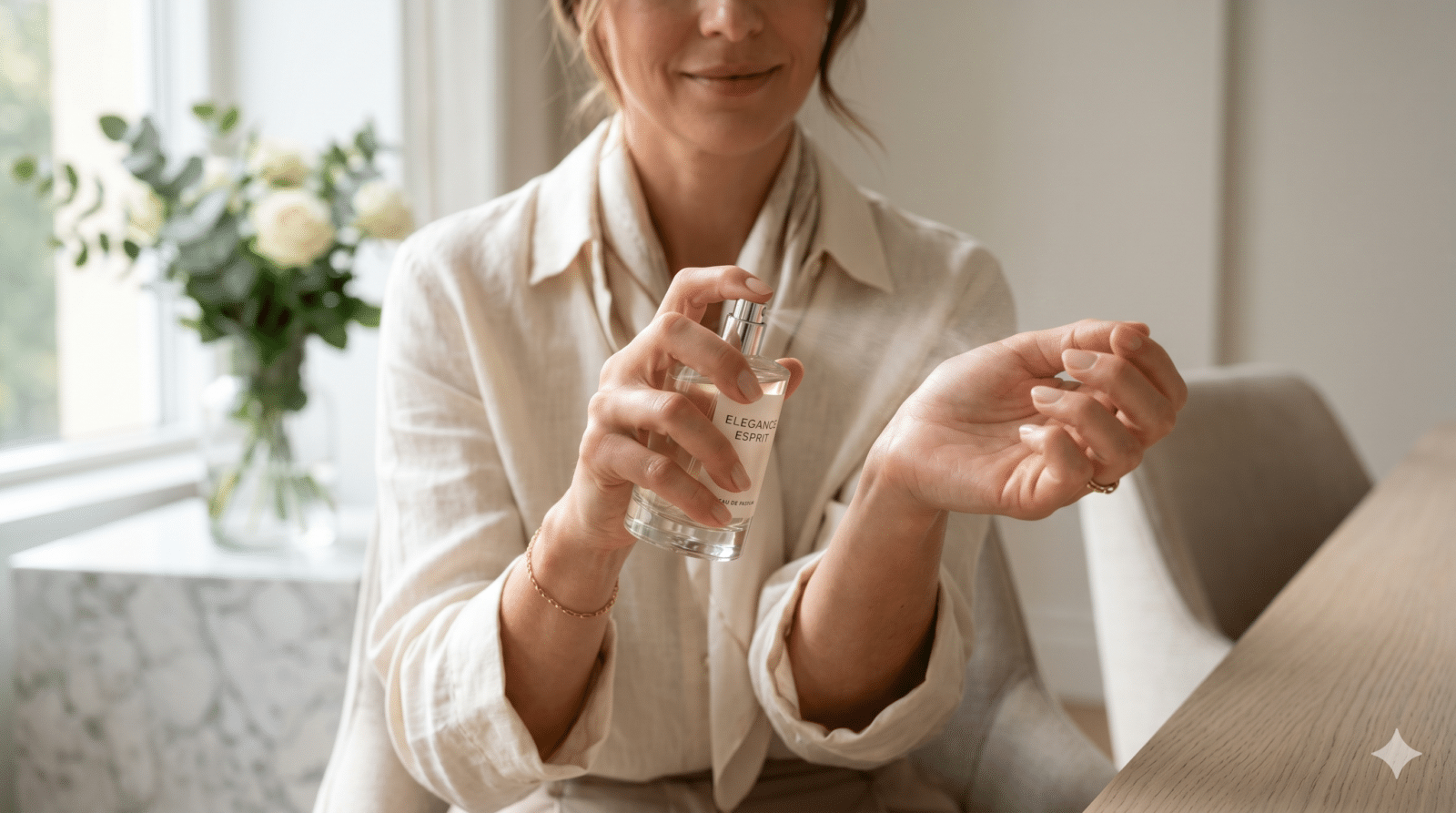 Mulher aplicando perfume
