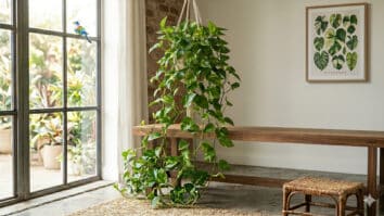 Jiboia cheia e saudável com folhas verdes densas em ambiente interno decorado.
