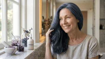 Mulher madura ocm cabelo tingido com mertilo
