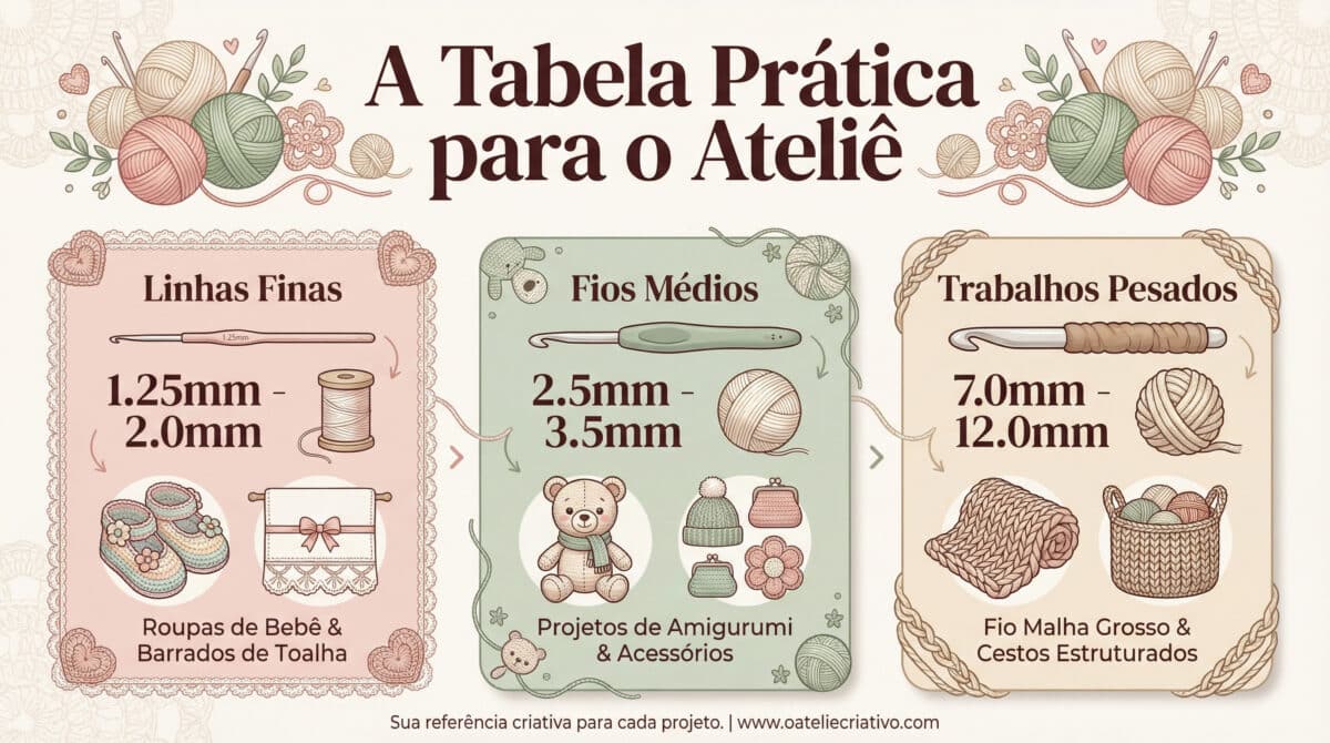 Infografico educativo sobre tamanhos de agulhas de croche para atelie, dividido em tres categorias com medidas especificas para cada tipo de projeto